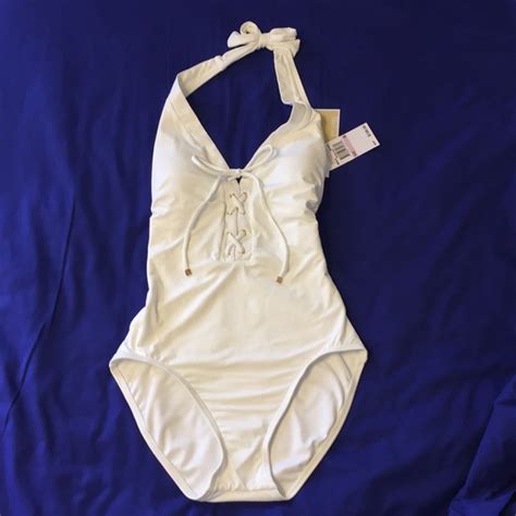 michael kors one piece purple and white bathing suit|michael kors lace up swimsuit.